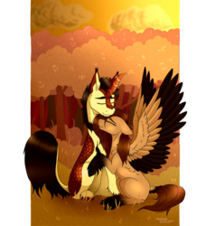 Size: 1024x1074 | Tagged: safe, artist:clarissa0210, oc, kirin, pegasus, pony, female, hug, male, mare, oc x oc, shipping, stallion, straight, two toned wings