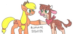 Size: 1516x695 | Tagged: safe, artist:cmara, applejack, arizona (tfh), cow, earth pony, pony, them's fightin' herds, g4, bandana, cloven hooves, community related, cowboy hat, crossover, female, hat, hoofbump, marker drawing, simple background, traditional art, white background