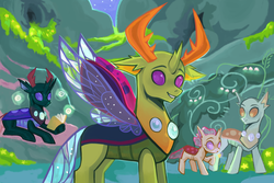 Size: 3051x2033 | Tagged: safe, artist:switchsugar, ocellus, pharynx, thorax, changedling, changeling, g4, book, changedling brothers, changeling hive, changeling king, commission, cute, flower, high res, king thorax, prince pharynx, thorabetes