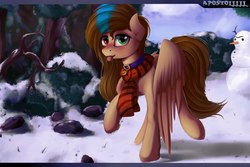Size: 2560x1706 | Tagged: source needed, safe, artist:apostolllll, oc, oc only, pegasus, pony, clothes, collar, female, heterochromia, mare, scarf, snow, snowman, solo, tongue out, winter