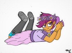 Size: 3400x2500 | Tagged: safe, artist:radiancebreaker, scootaloo, equestria girls, g4, bridesmaid dress, clothes, dress, female, floral head wreath, flower, high res, prone, solo