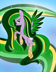 Size: 1024x1304 | Tagged: safe, artist:jessy, oc, oc only, oc:emerald may, pegasus, pony, abstract background, female, looking at you, mare, pegasus oc, rainbow power, rainbow power-ified, solo