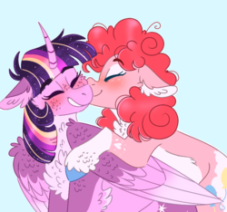 Size: 768x718 | Tagged: safe, artist:wanderingpegasus, pinkie pie, twilight sparkle, alicorn, pony, g4, blushing, cheek kiss, chest fluff, cute, ear fluff, eyes closed, female, kissing, lesbian, pale belly, ship:twinkie, shipping, simple background, smiling, twilight sparkle (alicorn)
