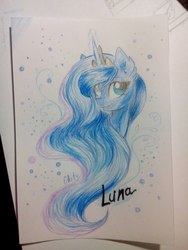 Size: 1224x1632 | Tagged: source needed, safe, artist:okity, princess luna, alicorn, pony, g4, bust, crown, female, glowing horn, horn, jewelry, mare, portrait, regalia, smiling, solo, traditional art