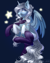 Size: 2000x2500 | Tagged: safe, artist:villjulie, oc, oc only, oc:permafrost, alicorn, pony, alicorn oc, clothes, female, high res, mare, scarf, simple background, solo, stockings, thigh highs, ych result