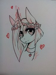 Size: 1224x1632 | Tagged: source needed, safe, artist:okity, oc, oc only, pony, unicorn, bust, choker, female, floating heart, floral head wreath, flower, glowing horn, heart, horn, mare, monochrome, portrait, smiling, solo, traditional art