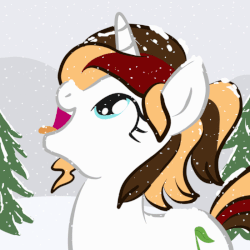 Size: 800x800 | Tagged: safe, artist:lannielona, oc, oc only, oc:scarlet serenade, pony, unicorn, animated, female, gif, looking up, mare, mountain, outdoors, sky, snow, snowfall, solo, tree, winter, ych result
