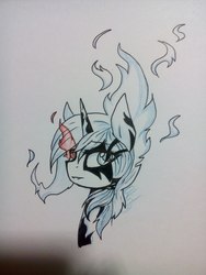 Size: 1224x1632 | Tagged: source needed, safe, artist:okity, oc, oc only, pony, unicorn, bust, female, glowing eyes, mane of fire, mare, portrait, solo, traditional art