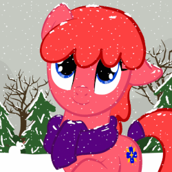 Size: 800x800 | Tagged: safe, artist:lannielona, oc, oc only, oc:iris mustang, pony, animated, clothes, female, gif, looking up, mare, mountain, outdoors, scarf, show accurate, snow, snowfall, snowpony, solo, tree, winter