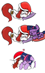 Size: 1014x1624 | Tagged: safe, artist:jessy, twilight sparkle, oc, oc:palette swap, pony, g4, blushing, christmas, cuddling, duo, eyes closed, hat, heart, holiday, pillow, santa hat, simple background, tongue out, white background