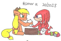 Size: 1163x778 | Tagged: safe, artist:cmara, applejack, pony, g4, arm wrestling, crossover, duo, furry, knuckles the echidna, male, sonic the hedgehog, sonic the hedgehog (series), traditional art