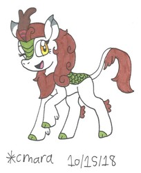 Size: 761x931 | Tagged: safe, artist:cmara, autumn blaze, kirin, pony, g4, sounds of silence, chest fluff, cloven hooves, female, horn, leonine tail, mare, marker drawing, one eye closed, open mouth, raised hoof, scales, simple background, solo, standing, traditional art, unshorn fetlocks, white background, wink
