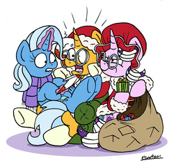 Size: 4488x4194 | Tagged: safe, artist:bobthedalek, starlight glimmer, sunburst, trixie, pony, unicorn, g4, absurd resolution, chair, christmas, clothes, costume, glare, glasses, glowing horn, hat, hearth's warming eve, holiday, horn, inconvenient trixie, lip bite, magic, present, sack, santa costume, santa hat, santa sack, starlight glimmer is not amused, telekinesis, unamused