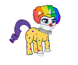 Size: 800x670 | Tagged: safe, artist:paw-of-darkness, rarity, pony, g4, clothes, clown, clown nose, clown outfit, clownity, costume, not fabulous, rainbow wig, rarity is not amused, red nose, ruff (clothing), silly, unamused, unhappy