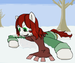 Size: 920x772 | Tagged: safe, artist:redventure, oc, oc only, oc:palette swap, earth pony, pony, breath, clothes, female, mare, scarf, snow, solo, tree