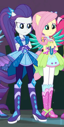 Size: 293x577 | Tagged: safe, screencap, fluttershy, pinkie pie, rarity, sci-twi, twilight sparkle, equestria girls, equestria girls series, g4, super squad goals, boots, clothes, cropped, crossed arms, crystal guardian, crystal wings, duo, duo female, female, geode of fauna, geode of shielding, magical geodes, offscreen character, pants, ponied up, pony ears, shoes, skirt