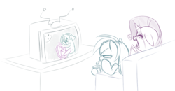 Size: 852x442 | Tagged: safe, artist:jessy, bon bon, lyra heartstrings, rainbow dash, rarity, sweetie drops, earth pony, pony, g4, couch, crying, drink, drinking straw, eyes closed, television, watching tv