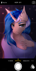 Size: 1637x3177 | Tagged: safe, artist:kindly-fox, oc, oc only, oc:oceanmirror, unicorn, anthro, anthro oc, breasts, cleavage, ear fluff, female, looking at you, mare, nail polish, solo, ych result