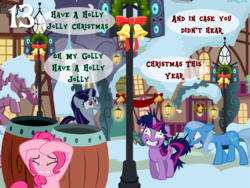 Size: 1024x768 | Tagged: safe, artist:bronybyexception, pinkie pie, trixie, twilight sparkle, earth pony, pony, unicorn, g4, advent calendar, barrel, bells, christmas, earworm, have a holly jolly christmas, holiday, insanity, lamppost, snow, stereo, twilight snapple, wreath