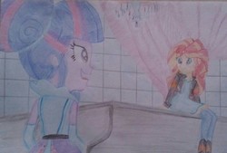 Size: 1870x1266 | Tagged: safe, artist:jeqdor, sunset shimmer, twilight sparkle, equestria girls, friendship through the ages, g4, rainbow rocks, clothes, female, musical instrument, night, piano, playing, sitting, traditional art
