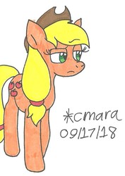 Size: 590x833 | Tagged: safe, artist:cmara, applejack, earth pony, pony, g4, female, frown, solo, traditional art