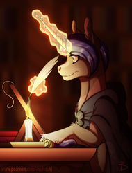 Size: 900x1184 | Tagged: safe, artist:inuhoshi-to-darkpen, clover the clever, pony, unicorn, g4, apprentice, candle, fire, headcanon, horn, levitation, long horn, mage, magic, magic aura, quill, solo, telekinesis
