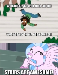 Size: 704x913 | Tagged: safe, edit, edited screencap, screencap, silverstream, classical hippogriff, hippogriff, g4, school daze, adorkable, bobby mcferrin, caption, cute, diastreamies, dork, falling, family guy, image macro, male, pain, smiling, stairs, stairs are awesome, text, that hippogriff sure does love stairs
