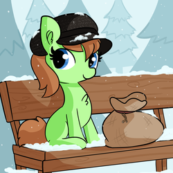 Size: 3000x3000 | Tagged: safe, artist:tjpones, oc, oc only, oc:lima bean, pony, fanfic:how to go to prison on hearthswarming eve in five easy steps, bag, bench, fanfic, fanfic art, fanfic cover, hat, high res, snow, solo, tree