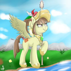 Size: 2500x2500 | Tagged: safe, artist:tonystorm12, oc, oc only, oc:tailcoatl, pegasus, pony, armor, aztec, high res, mexico, nation ponies, nature, ponified, solo, spear, tepoztopilli, weapon