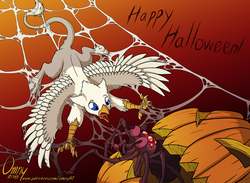 Size: 989x723 | Tagged: safe, artist:omny87, oc, oc only, oc:der, griffon, spider, halloween, holiday, male, micro, pumpkin, spider web