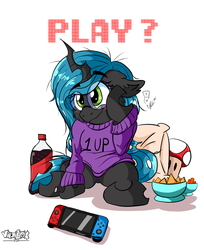 Size: 2198x2700 | Tagged: safe, artist:viejillox64art, queen chrysalis, changeling, changeling queen, pony, g4, adorkable, blushing, clothes, coca-cola, cute, cutealis, dork, dorkalis, female, floppy ears, food, game console, glassalys, glasses, high res, mushroom, nerd, nintendo switch, smiling, solo, super mario bros., super mushroom, sweater