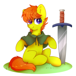 Size: 2000x2000 | Tagged: safe, artist:etoz, oc, oc only, oc:gold strike, pony, cape, clothes, colt, cute, grass, high res, male, orange hair, short hair, short mane, simple background, sitting, smiling, sword, transparent background, weapon