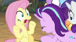 Size: 1280x720 | Tagged: safe, screencap, applejack, fluttershy, rainbow dash, rarity, starlight glimmer, twilight sparkle, alicorn, pegasus, pony, unicorn, g4, the mean 6, eyes closed, female, forest background, incoming hug, open mouth, out of context, twilight sparkle (alicorn), wide eyes