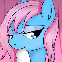 Size: 500x500 | Tagged: safe, artist:dashy21, lotus blossom, earth pony, pony, g4, alternate hairstyle, bedroom eyes, bust, female, looking at you, loose hair, mare, mouth hold, portrait, smiling