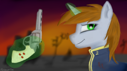 Size: 1920x1080 | Tagged: safe, artist:freezeroffire, oc, oc only, oc:littlepip, pony, unicorn, fallout equestria, clothes, fanfic, fanfic art, female, glowing horn, gun, handgun, horn, jumpsuit, levitation, little macintosh, magic, mare, revolver, smiling, solo, telekinesis, vault suit, weapon