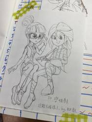 Size: 720x960 | Tagged: safe, artist:w2red, sci-twi, sunset shimmer, twilight sparkle, equestria girls, g4, boots, clothes, crystal prep academy uniform, diary, doodle, dress, feather, friendship, glasses, jacket, school uniform, shoes