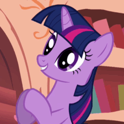 Size: 360x360 | Tagged: safe, screencap, twilight sparkle, pony, unicorn, g4, look before you sleep, season 1, animated, artifact, clapping, clapping ponies, cropped, cute, female, gif, golden oaks library, grin, mare, meme origin, ponibooru, sitting, smiling, solo, twiabetes, unicorn twilight