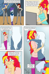 Size: 1000x1500 | Tagged: safe, artist:deltalima, sunset shimmer, equestria girls, g4, abrupt ending, alternate hairstyle, breasts, comic, crying, dialogue, female, implied magical lesbian spawn, kissing, lesbian, magic show, pregnancy test, pregnant, pregxie, ship:suntrix, shipping, tears of joy