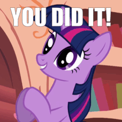 Size: 360x360 | Tagged: safe, edit, edited screencap, screencap, twilight sparkle, pony, unicorn, look before you sleep, animated, caption, clapping, clapping ponies, cute, female, gif, gif with captions, golden oaks library, grin, image macro, impact font, mare, meme, sitting, smiling, solo, text, twiabetes, unicorn twilight, you did it