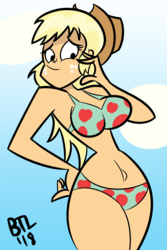 Size: 2000x3000 | Tagged: safe, artist:ben-the-looney, applejack, human, g4, belly button, bikini, breasts, busty applejack, clothes, female, high res, humanized, midriff, solo, swimsuit