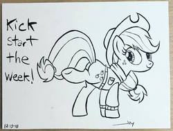 Size: 1015x766 | Tagged: safe, artist:jaykincer, applejack, earth pony, pony, g4, female, monochrome, motivation, positive ponies, solo, text