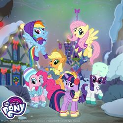 Size: 1080x1080 | Tagged: safe, gameloft, applejack, fluttershy, pinkie pie, rainbow dash, rarity, twilight sparkle, alicorn, pony, g4, my little pony best gift ever, official, clothes, hat, jacket, mane six, my little pony logo, scarf, twilight sparkle (alicorn), winter, winter outfit