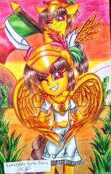 Size: 613x960 | Tagged: safe, artist:esmeralda castro, oc, oc:tailcoatl, pegasus, pony, equestria girls, g4, aztec, mexican flag, mexico, nation ponies, one eye closed, ponified, smiling, traditional art