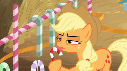 Size: 1280x720 | Tagged: safe, screencap, applejack, pony, g4, hearth's warming shorts, the great escape room, animated, candy, candy cane, eating, female, food, gif, hay, licking, lidded eyes, loop, solo, suspicious, tongue out