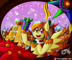 Size: 1500x1250 | Tagged: safe, artist:thedamneddarklyfox, oc, oc only, oc:tailcoatl, pegasus, pony, aztec, christmas, clothes, colored, colored pupils, colored wings, cute, female, happy, hearth's warming, hearth's warming eve, holiday, hoof shoes, looking at you, mare, mexican, mexico, nation ponies, open mouth, poinsettia, ponified, scarf, smiling, snow, snowfall, solo, spread wings, wings, winter