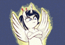 Size: 295x204 | Tagged: safe, artist:rusticanon, oc, oc:eaststern, alicorn, pony, alicorn oc, angry, animated, aura, crossed arms, female, gif, imminent spanking, lightning, prepare to die