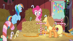 Size: 1280x720 | Tagged: safe, edit, edited screencap, screencap, applejack, pinkie pie, rainbow dash, earth pony, pegasus, pony, best gift ever, g4, hearth's warming shorts, the great escape room, animated, applejack's barn, candy, candy cane, christmas, christmas lights, confused, dancing, female, flying, food, gramophone, hay bale, holiday, michael jackson, moonwalk, music, smooth criminal, song reference, sound, webm