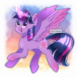 Size: 1000x1000 | Tagged: safe, artist:krisscheen, twilight sparkle, alicorn, pony, g4, abstract background, chest fluff, female, looking at you, magic, mare, open mouth, smiling, solo, spread wings, twilight sparkle (alicorn), wings