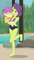 Size: 261x451 | Tagged: safe, screencap, victoria, water lily (g4), equestria girls, g4, my little pony equestria girls: better together, turf war, background human, barefoot, clothes, cropped, cute, daaaaaaaaaaaw, feet, female, legs, mother and daughter, swimsuit