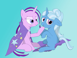 Size: 1600x1200 | Tagged: safe, artist:maomao9, starlight glimmer, trixie, pony, unicorn, g4, blushing, female, gradient background, hairstyle swap, hoof on chin, lesbian, looking away, mare, ship:startrix, shipping, smiling